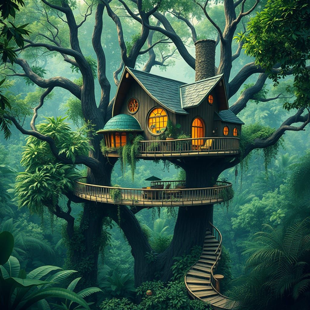 Treetop tree house with panoramic rainforest canopy  veiws