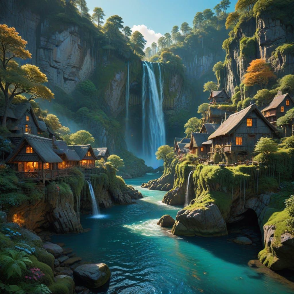 Hidden Waterfall Village at Dawn in Ethereal Style