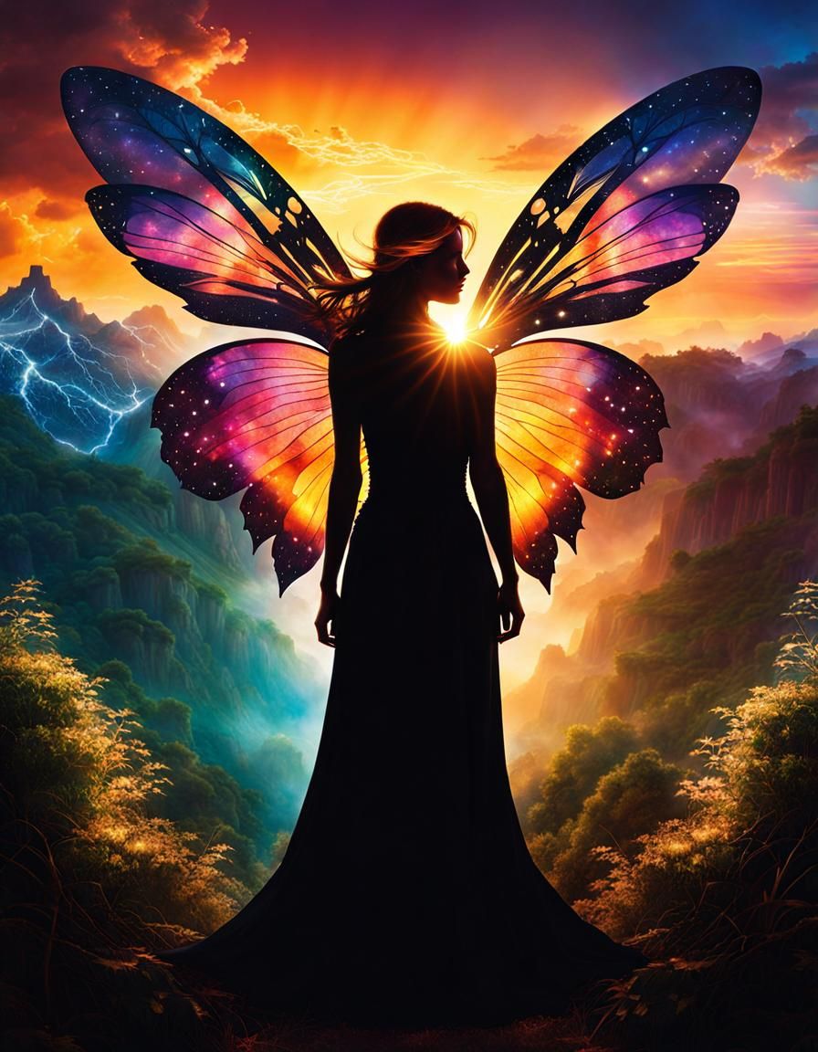 Fantasy Landscape Fairy Silhouette at Sunset