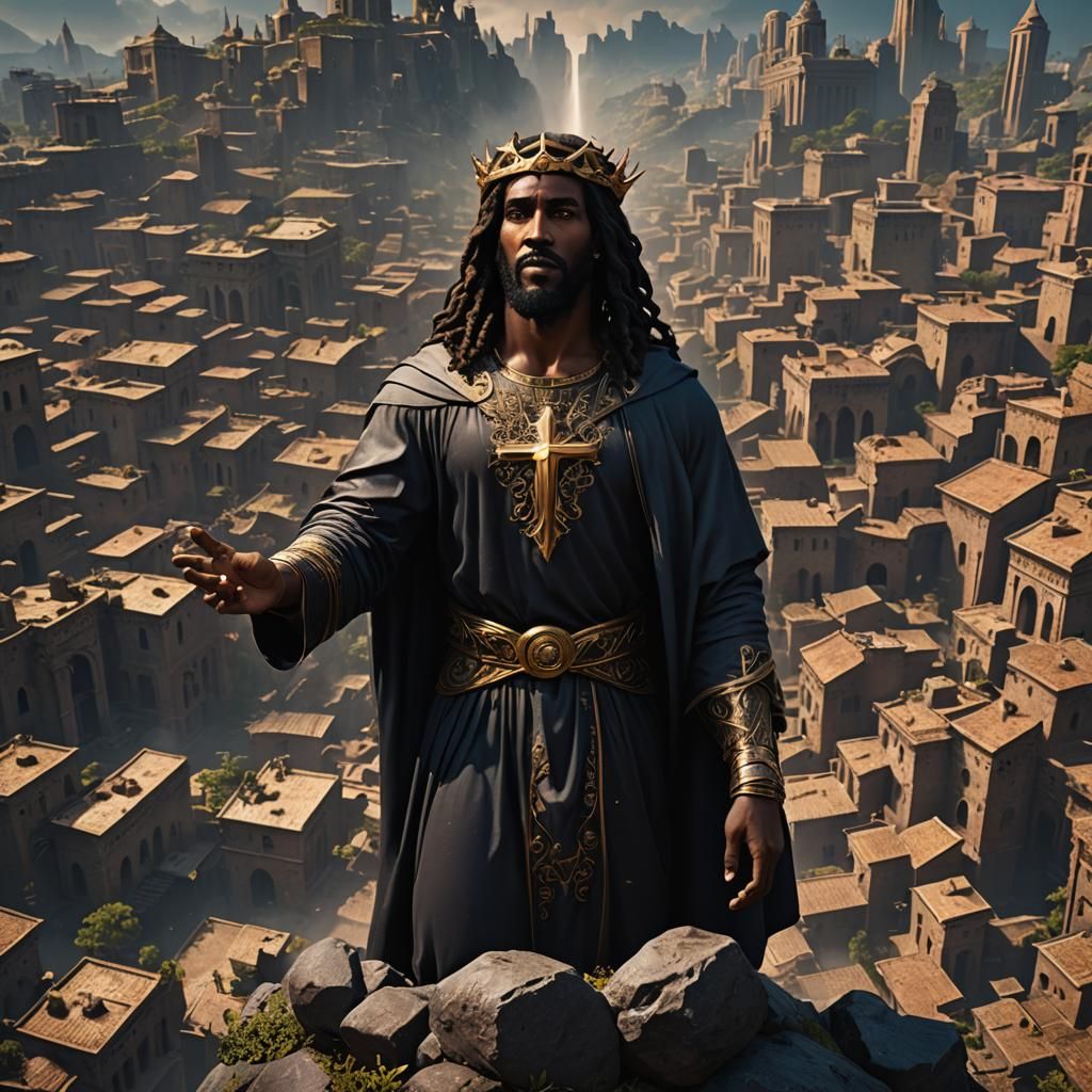 Majestic Black Jesus in Vibrant, Fantastical Israel Landscap...