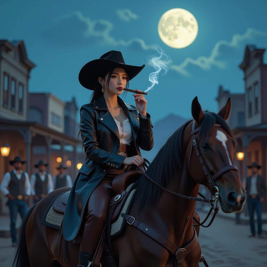 Chinese Girl Rides Horse Through Old West Town