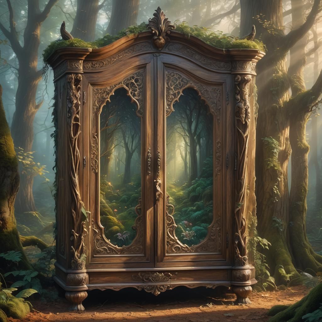 Enchanted Wardrobe in Misty Forest: Digital Art