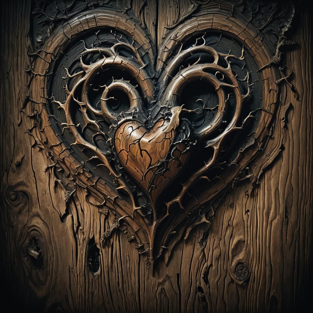 Eerie Wooden Heart on Altar in Dark Fantasy Style