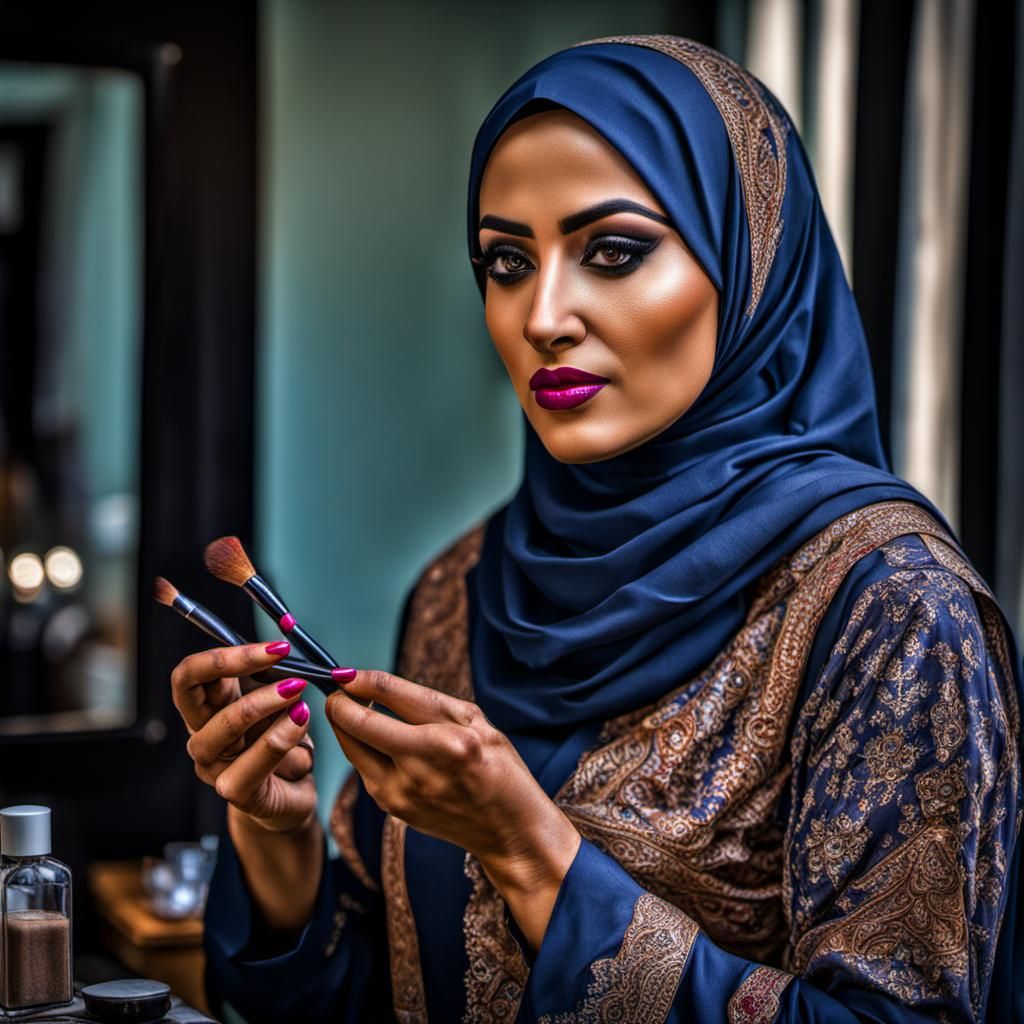 Hyperrealistic Image of Woman in Hijab Applying Makeup