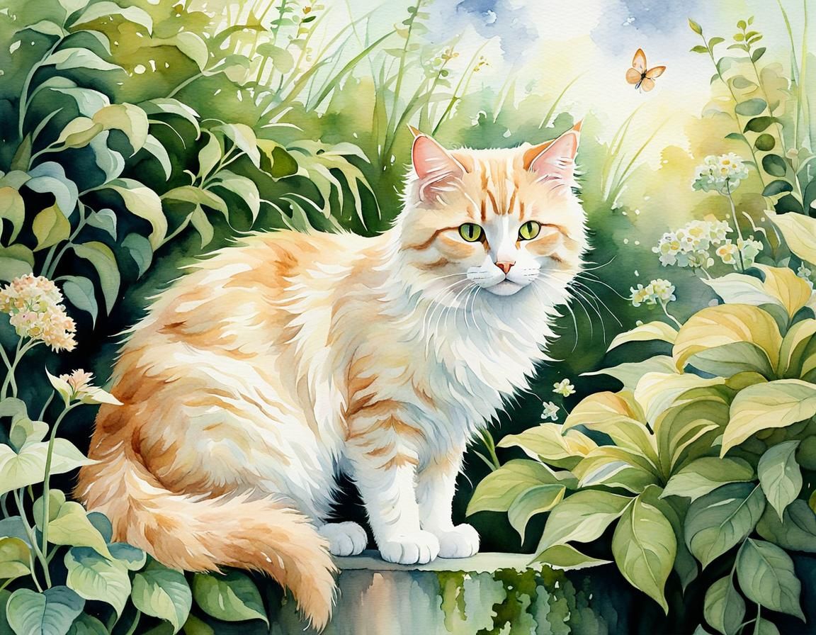 Ethereal Watercolor Cat Climbing in Overgrown Garden