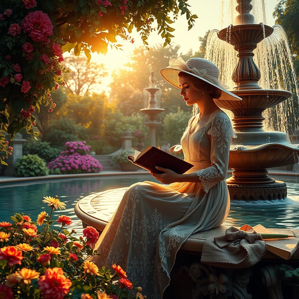 Elegant Lady Reads in Baroque Fountain Scene
