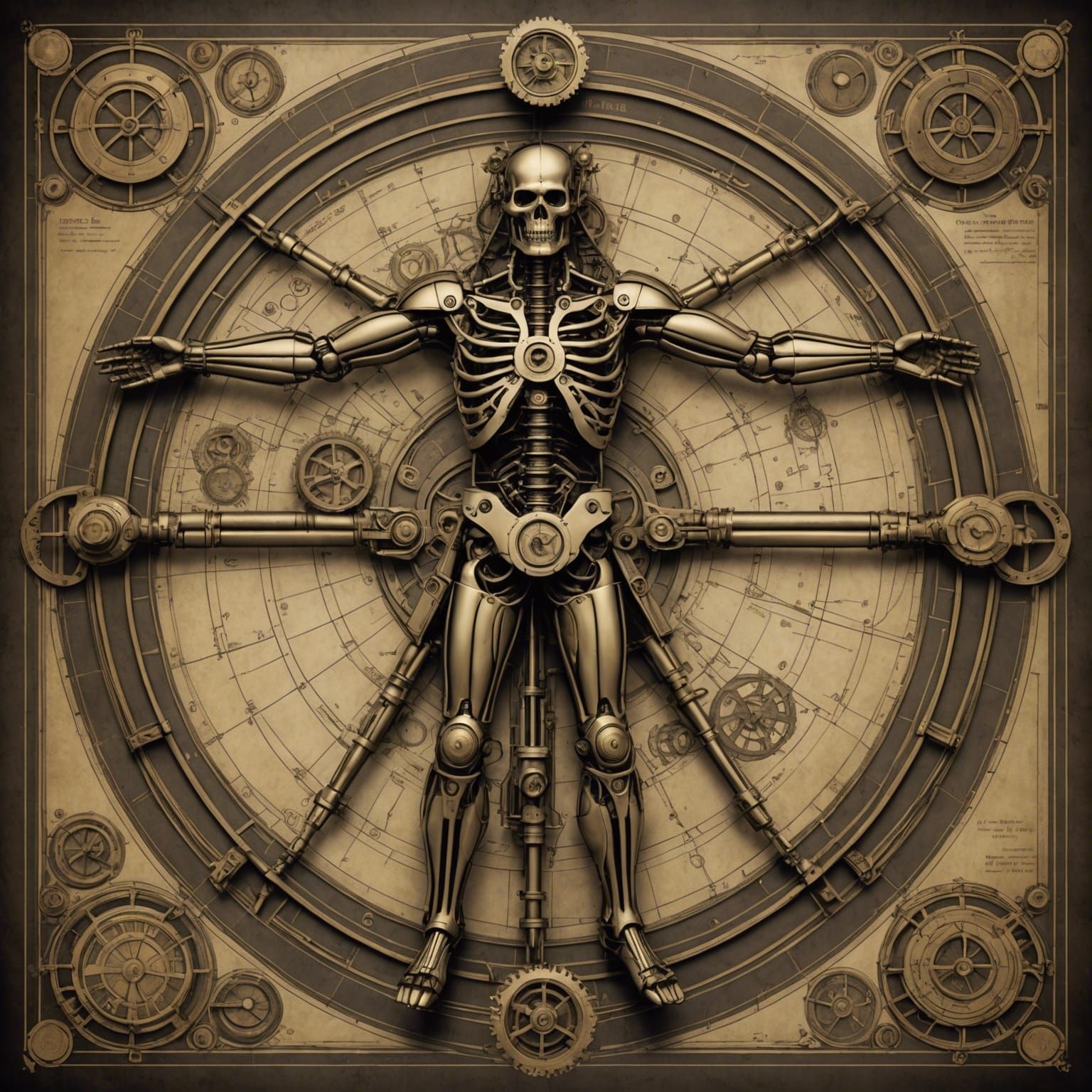 Steampunk Cyborg Vitruvian Man Blueprint in Da Vinci Style