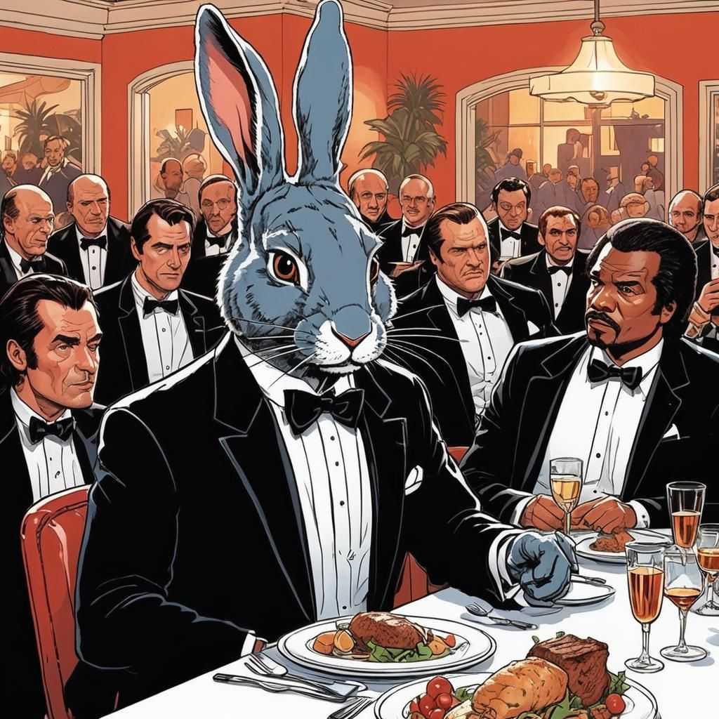 Rabbit in Tuxedo at Dinner Party: Pulp Fiction Comic