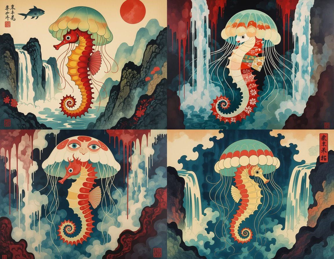 Mythical Jellyfish Seahorse in Ukiyo-e Style