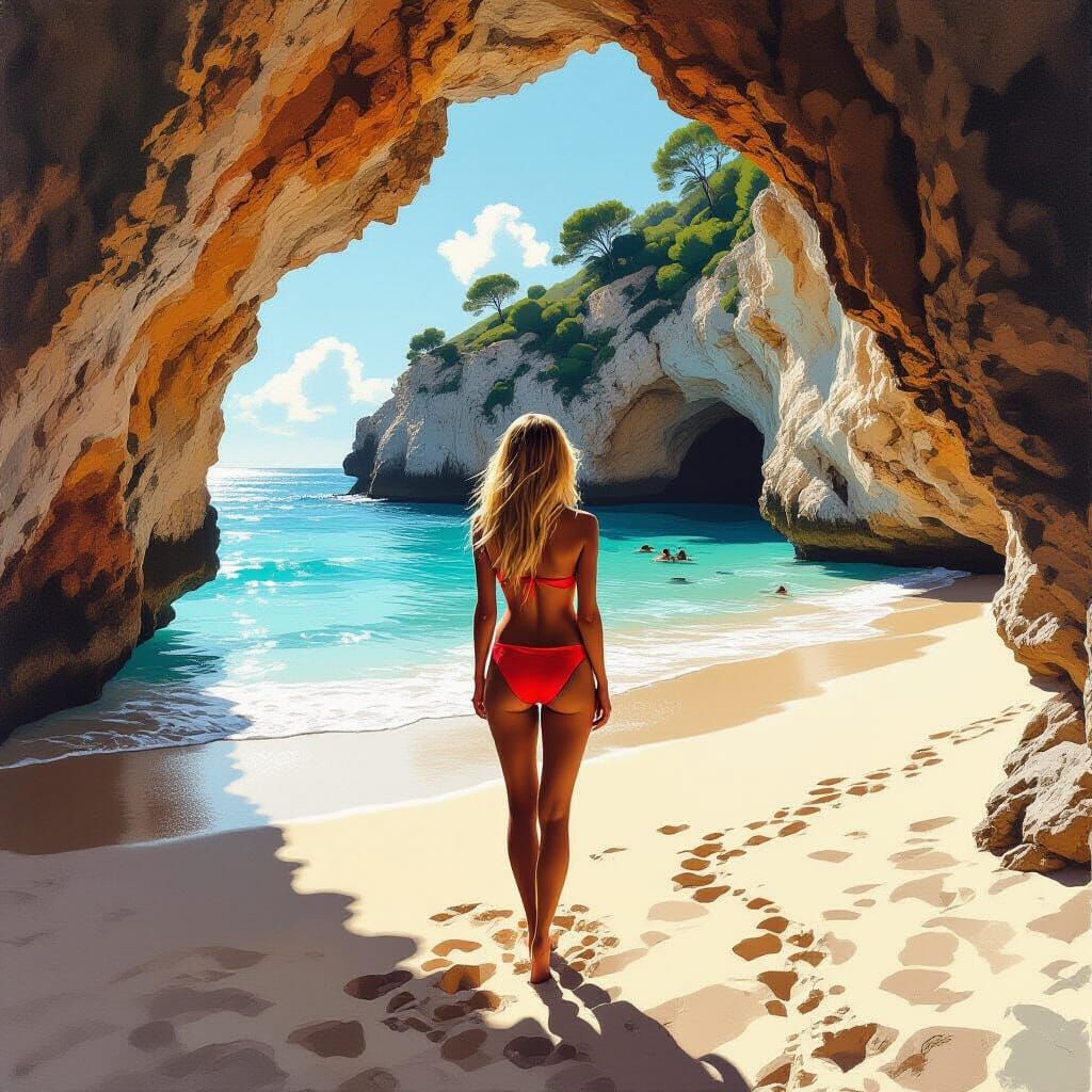 Bikini Woman on Beach in Grotto, Inspired by Hockney