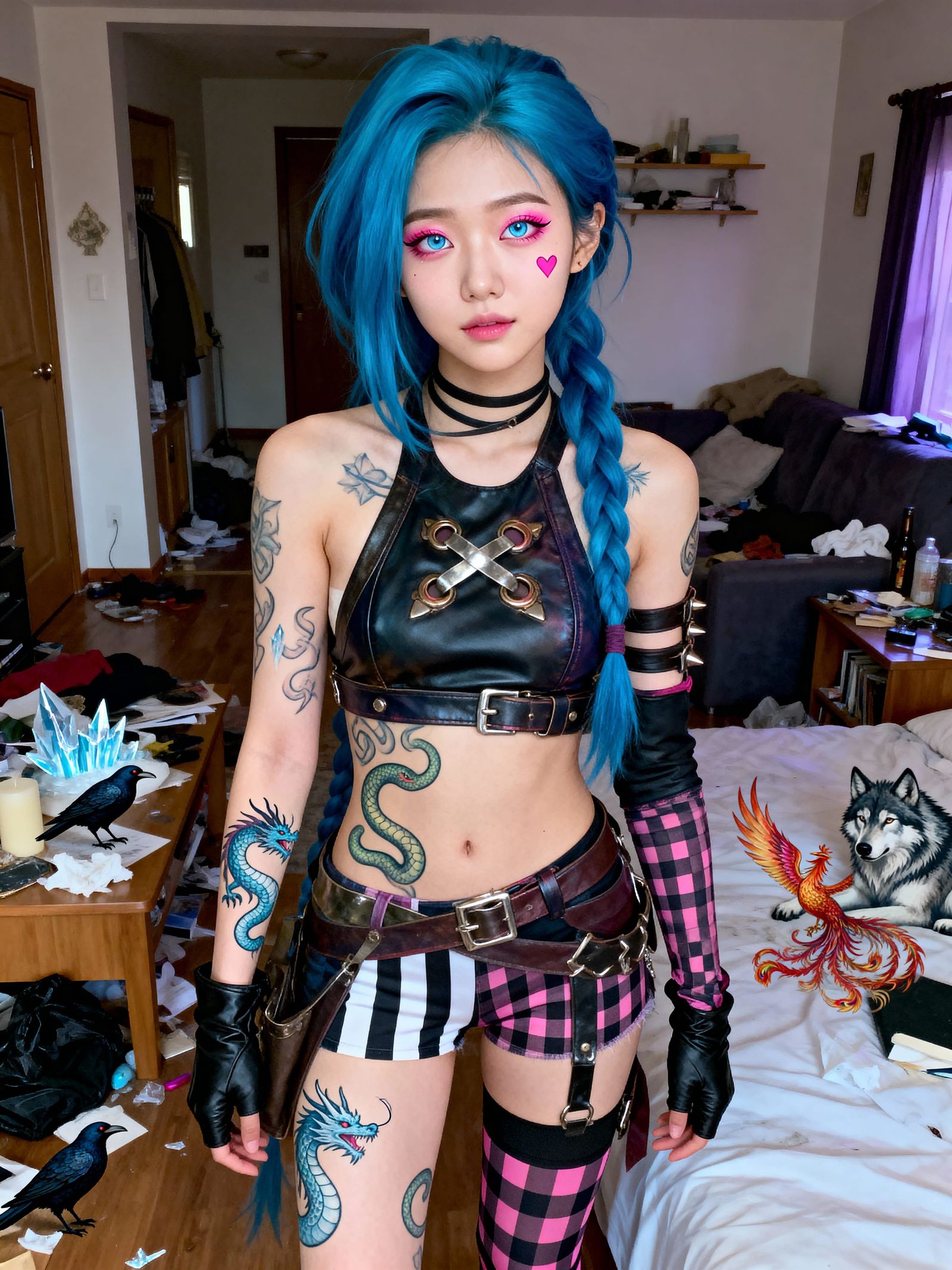 Vibrant Blue Haired Woman with Tattoos in Messy Apartment