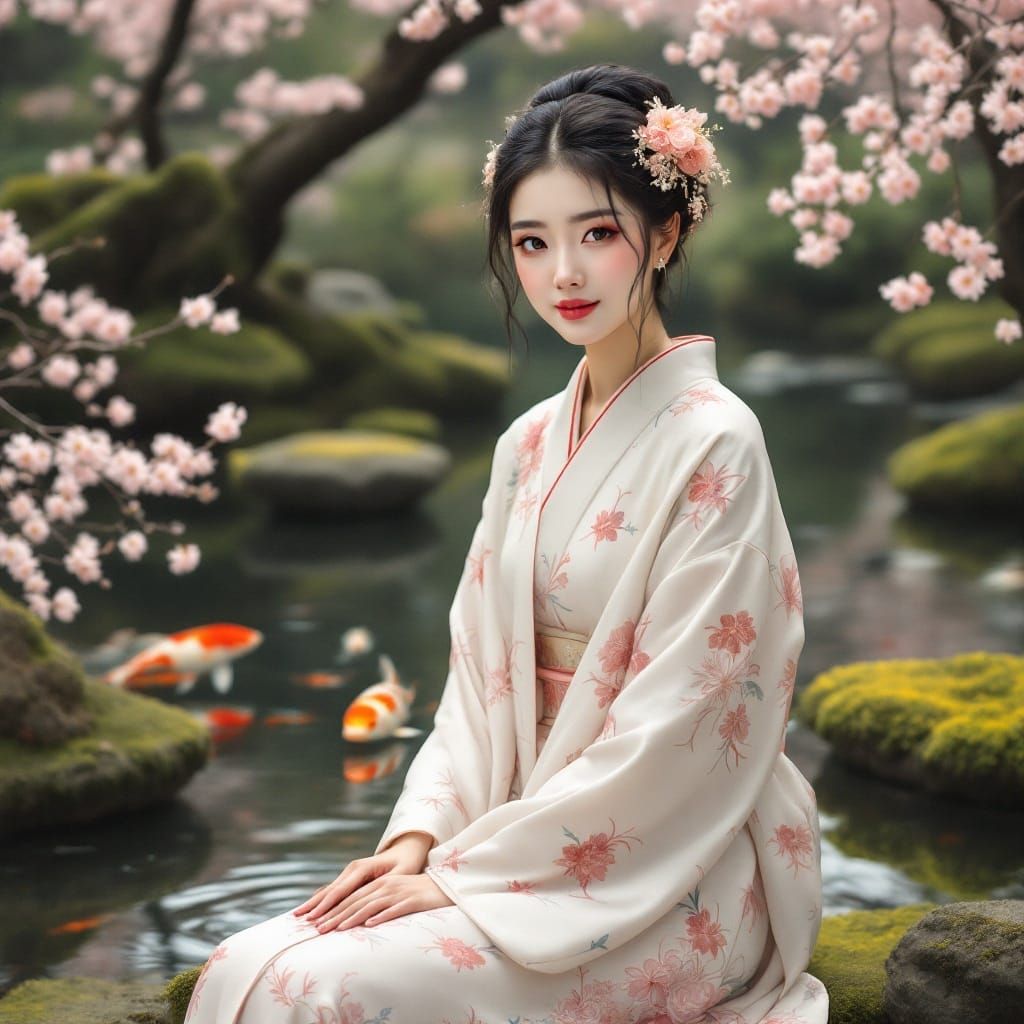 Japanese Woman in Garden Portrait, Classical Style