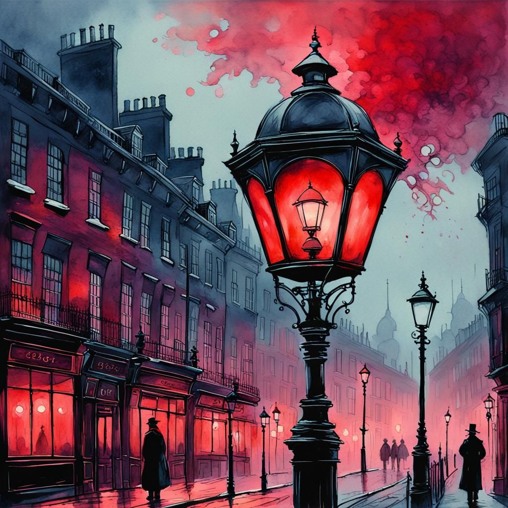 Eerie Gaslamp Streetlight in Alcohol Ink Style