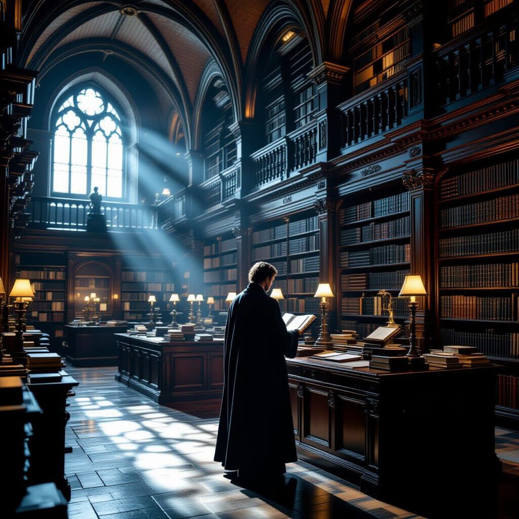 21st Century Scientist in 14th Century Library Cinematic Fil...