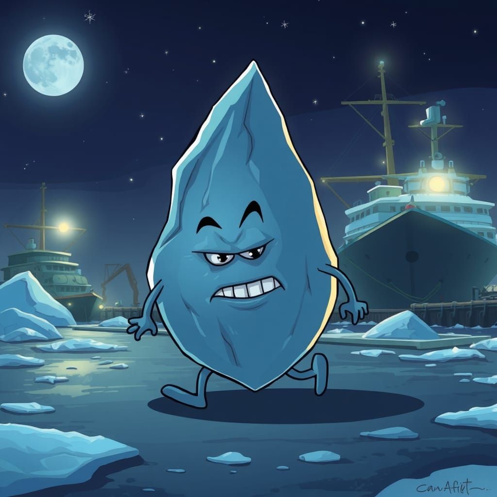 Cartoon Iceberg Sneaking Around Shipyard at Night