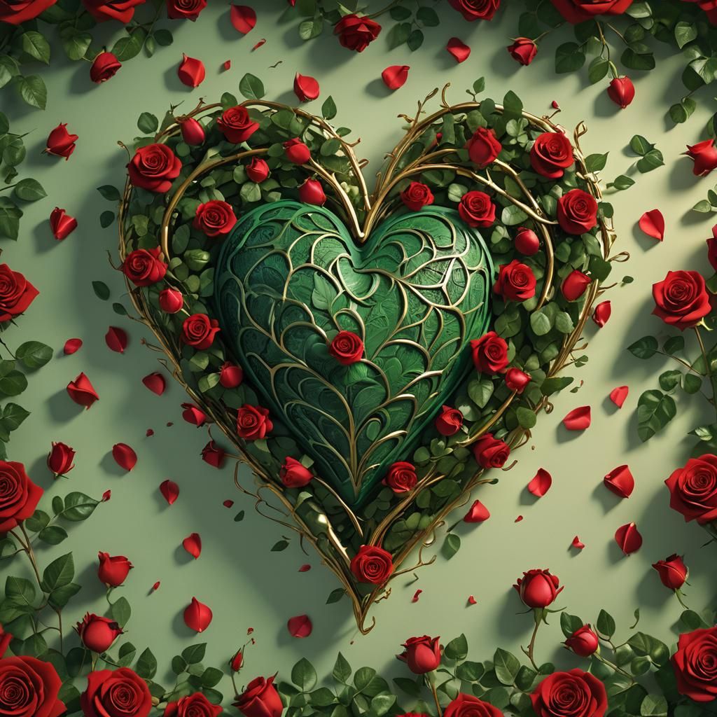 Green Heart with Red Roses: Hyper-Realistic Digital Art