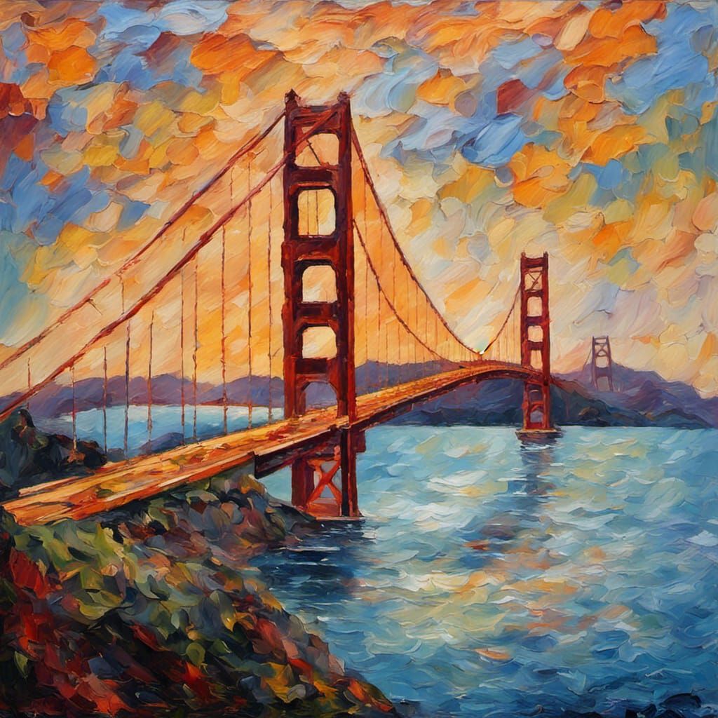 Golden Gate Bridge in Neo-Impressionist Oil Painting
