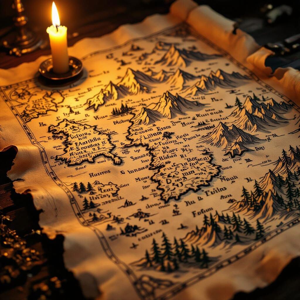 Ancient Parchment Map Illuminated by Candlelight