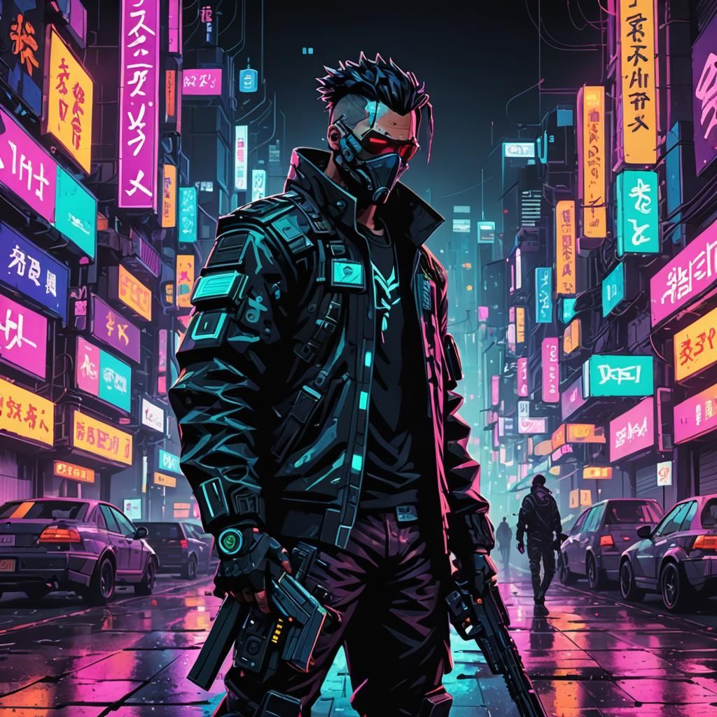 Neon Samurai in Cyberpunk City Pixel Art