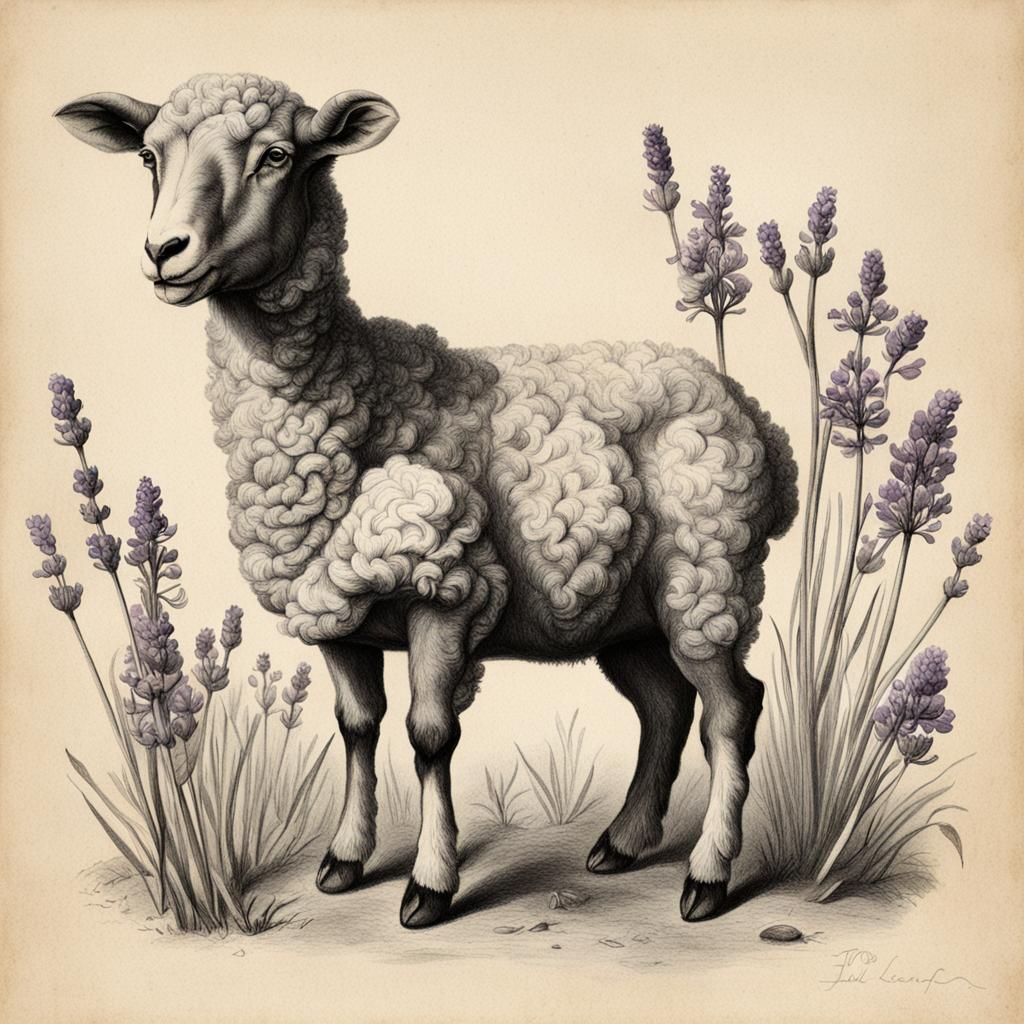 Three-Eyed Lamb Botanical Illustration with Lavender
