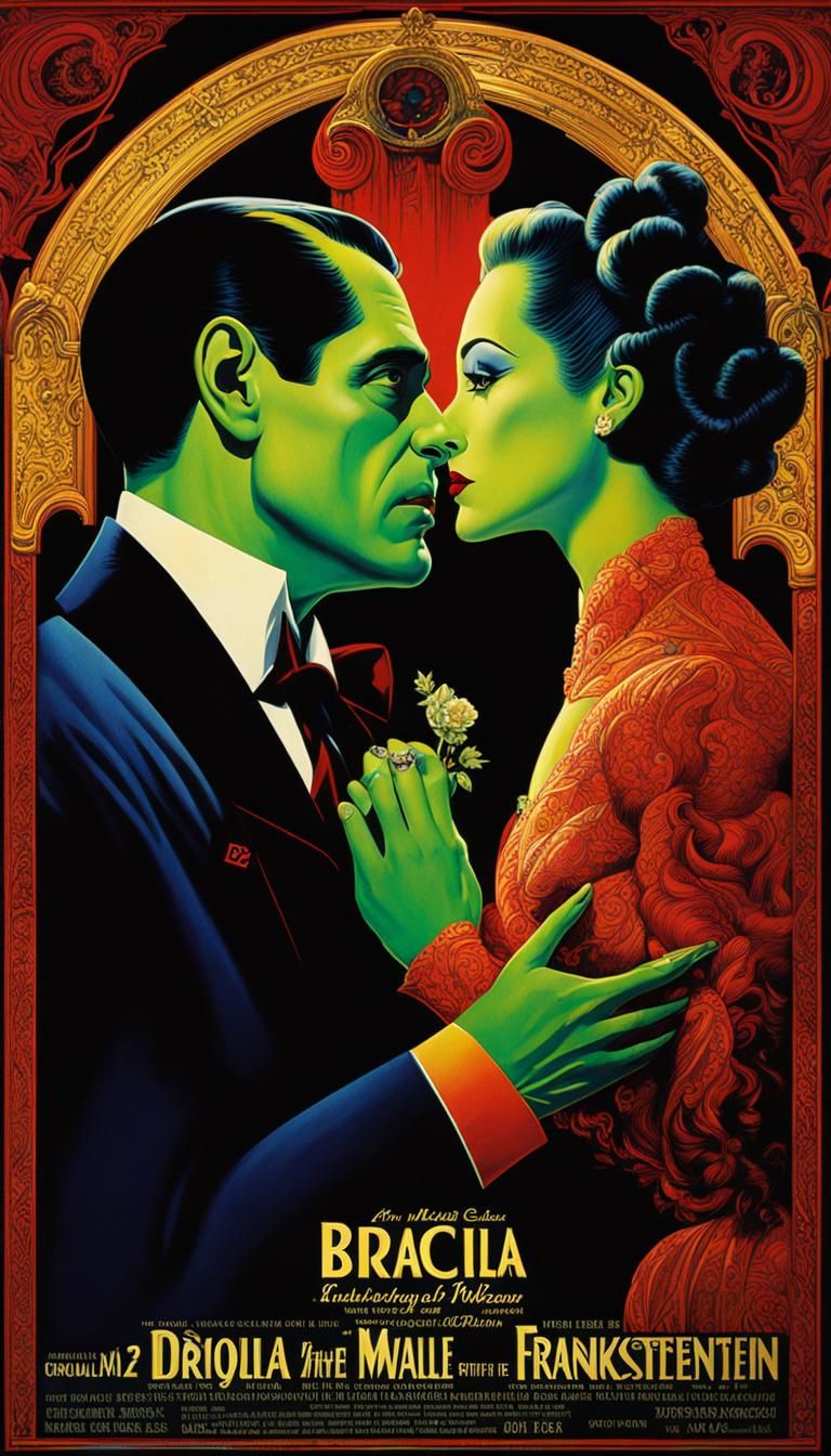 Hyperreal 1940s Movie Poster in Neon Color Palette with Gold...