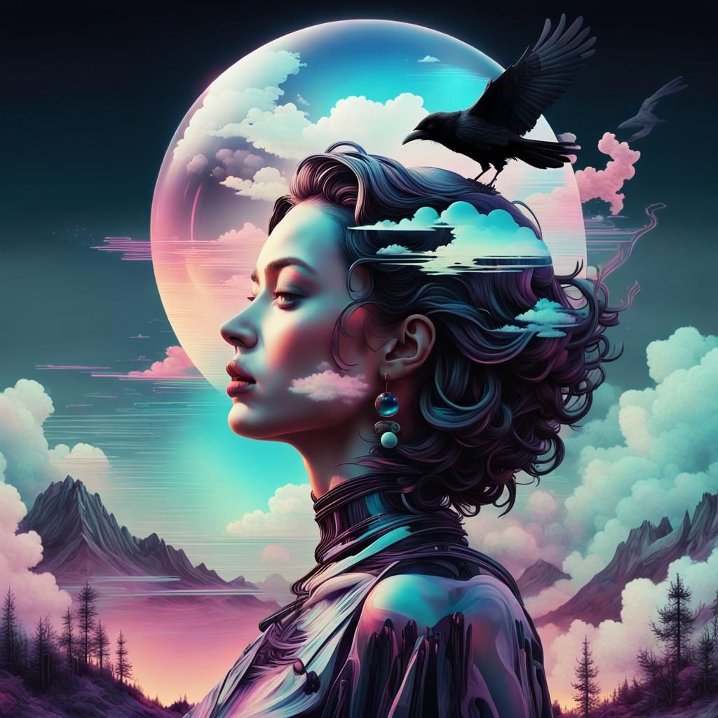 Vaporwave Moonlit Woman with Raven in Retro Graphics
