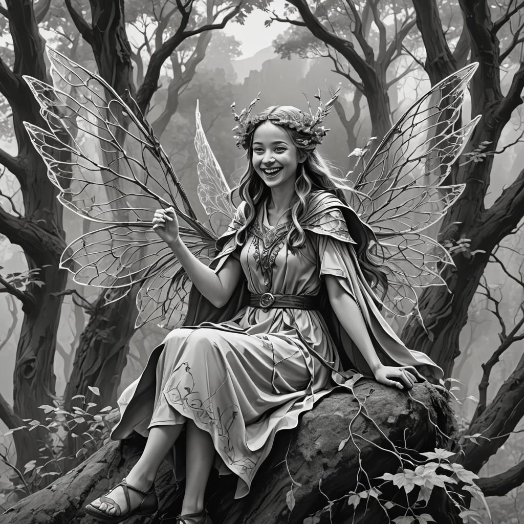 Greyscale Wizard and Laughing Fairy on Mountain