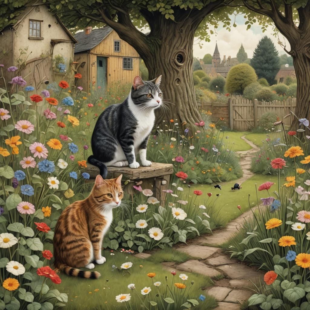 Cats and Mouse Play: Magical Garden Illustration