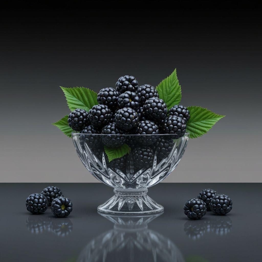 Blackberries in Crystal Bowl on Reflective Surface