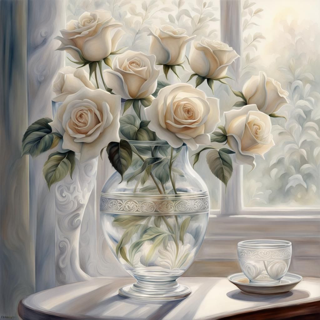 White Roses in Vase: Watercolour Hyperrealism