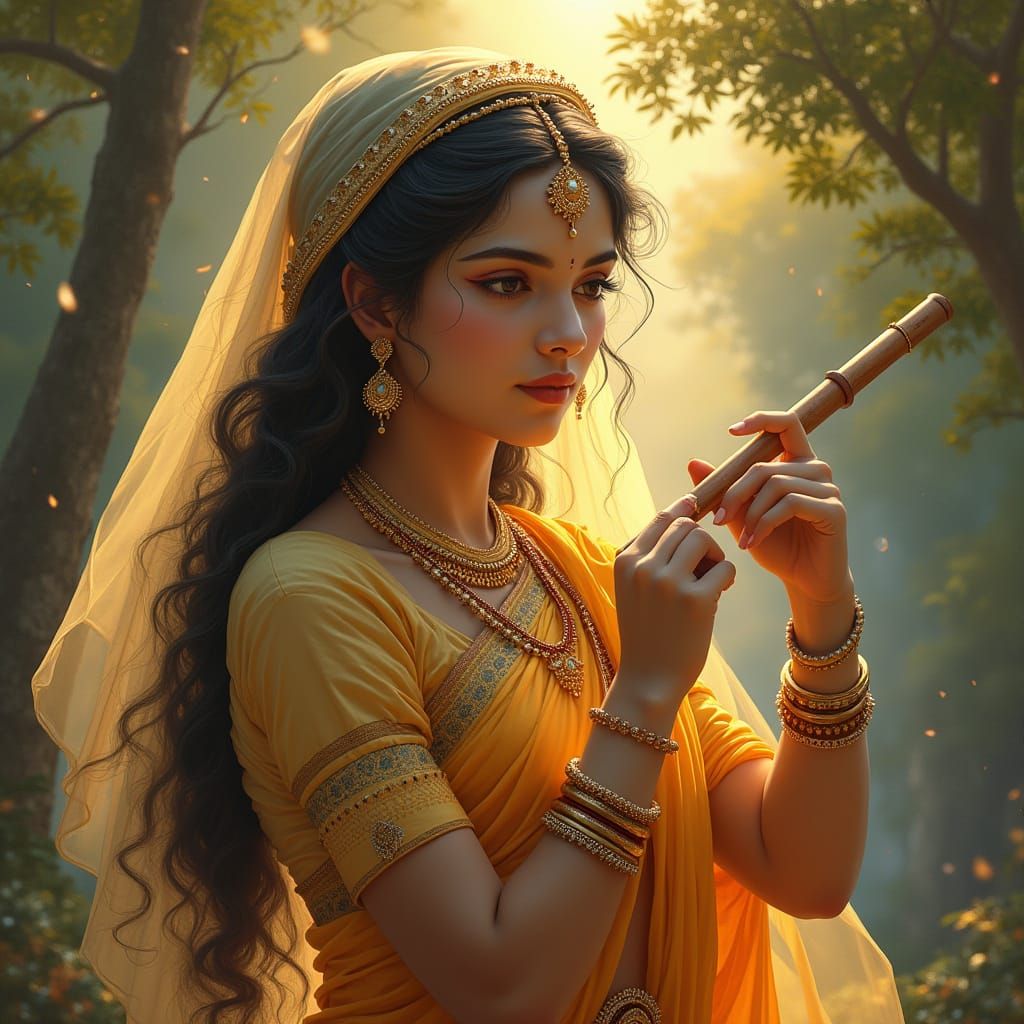 Radha's Devotion: A Divine Forest Scene in Ethereal Style