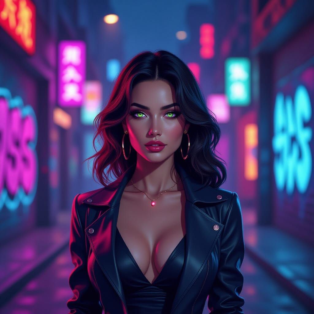 Confident Woman on Neon Street in Vintage Anime Style