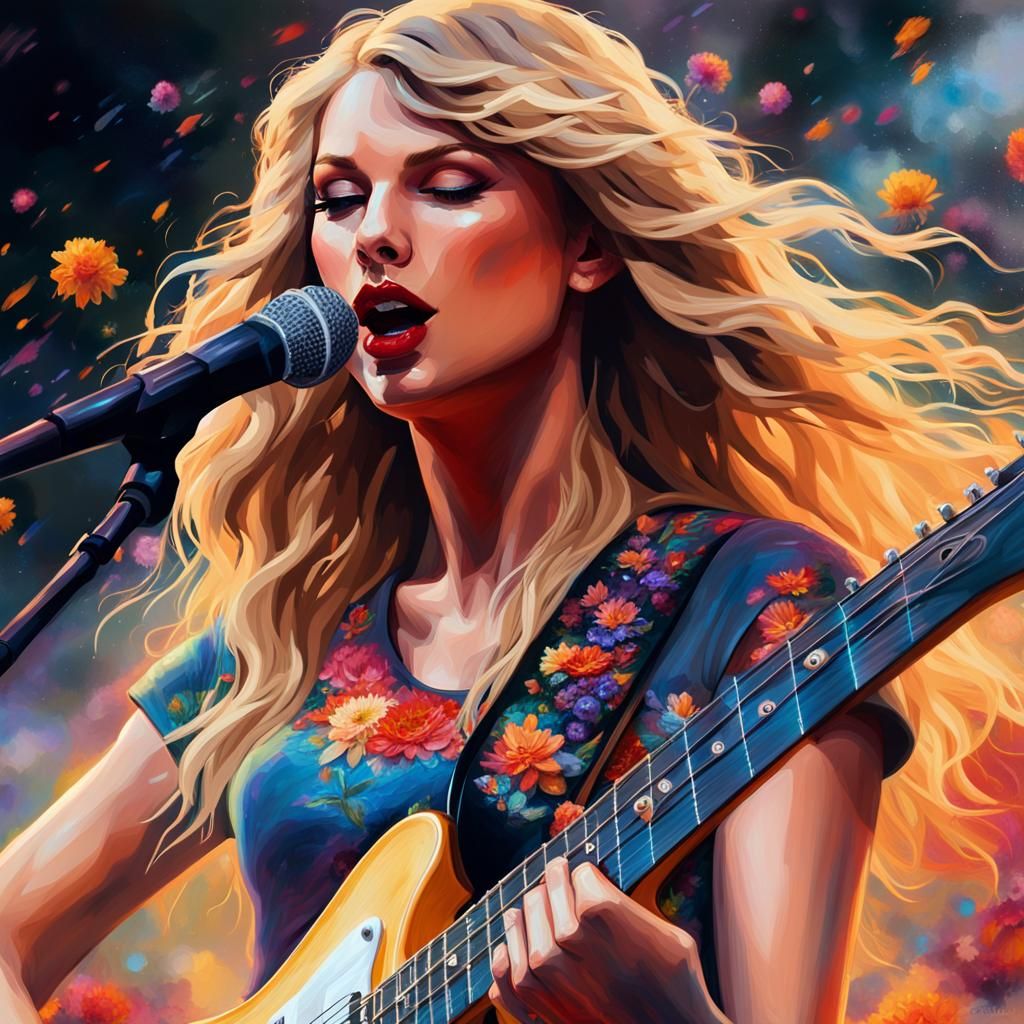 Young Woman with Guitar on Stage in Hyperrealistic Style