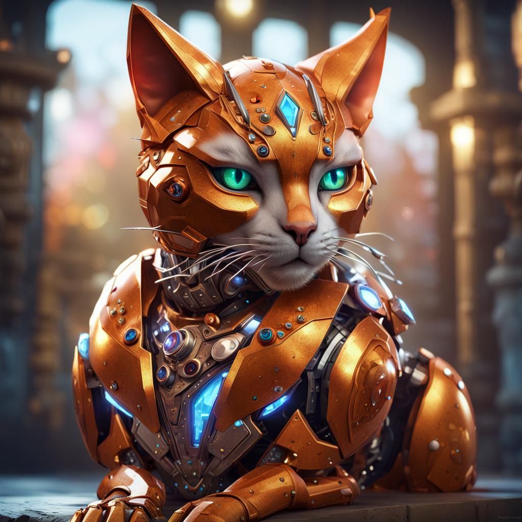 Robotic Ginger Cat in Crystal Armor