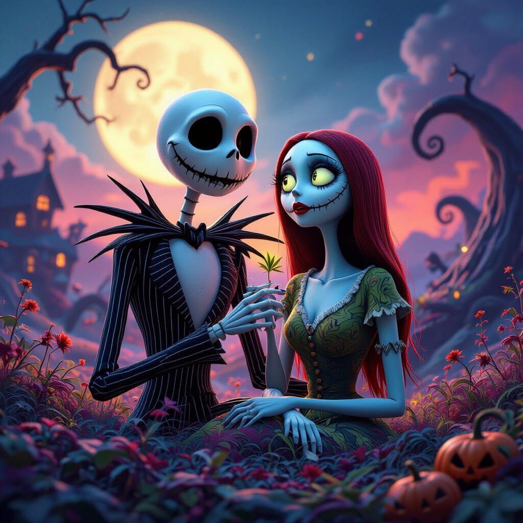Jack and Sally Sharing a Joint in Burton-esque Landscape