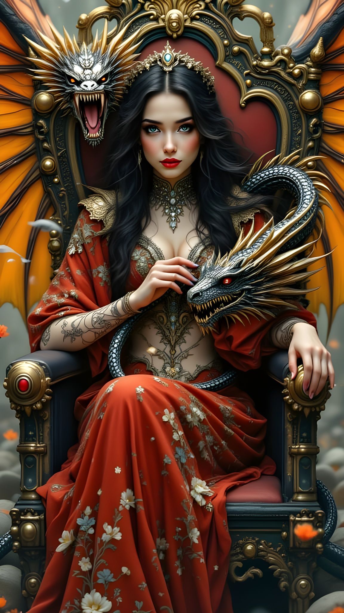 Cyborg Geisha with Dragon in Pre-Raphaelite Style