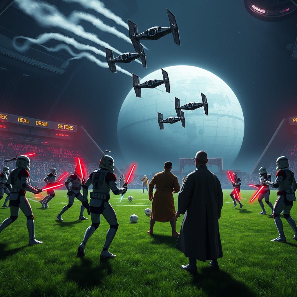 High-Energy Soccer Match on Death Star Field in Cyberpunk St...