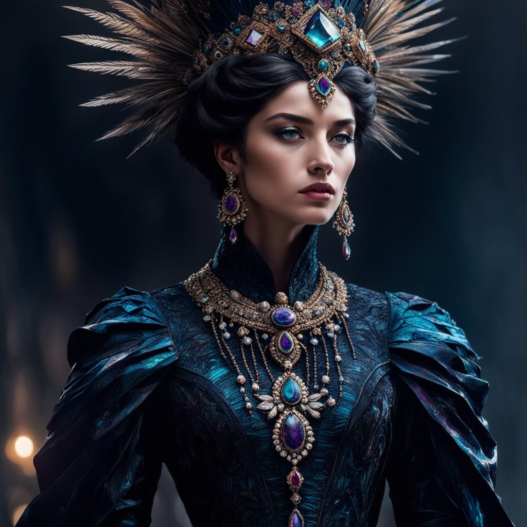 Gothic Goddess in Gemstone Gown, Art Nouveau Style