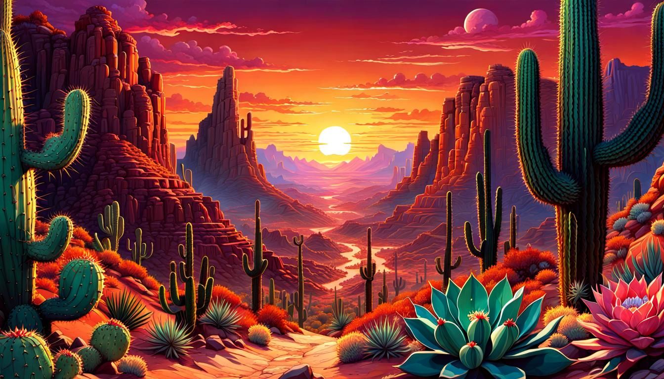 Vibrant Desert Canyon Sunset: Maximalist Fantasy Art
