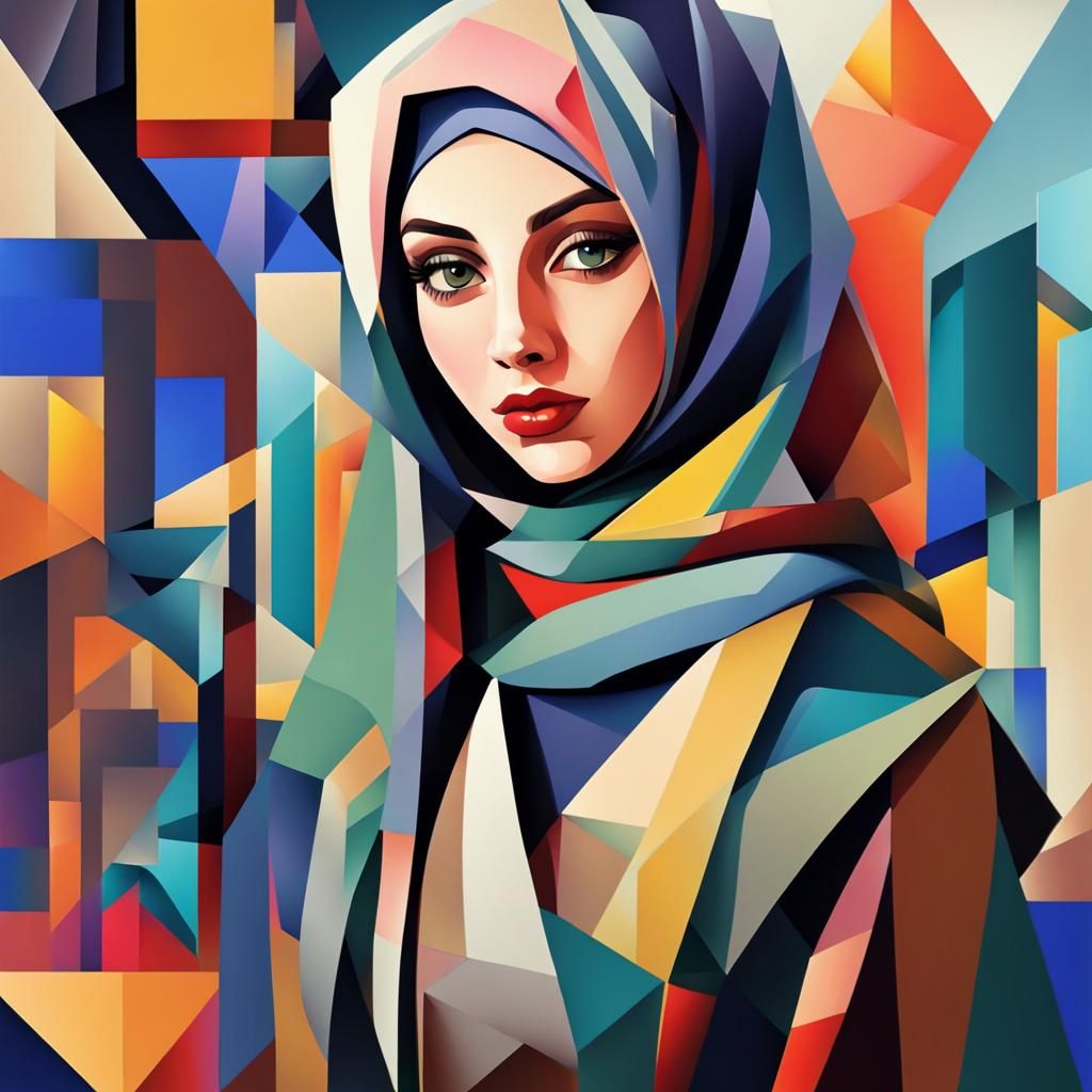 Hijab Girl in Cubist Geometric Fauvism Style