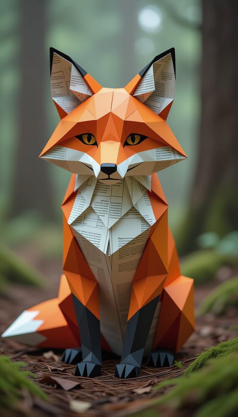 Origami Fox Sculpture with Newspaper Texture