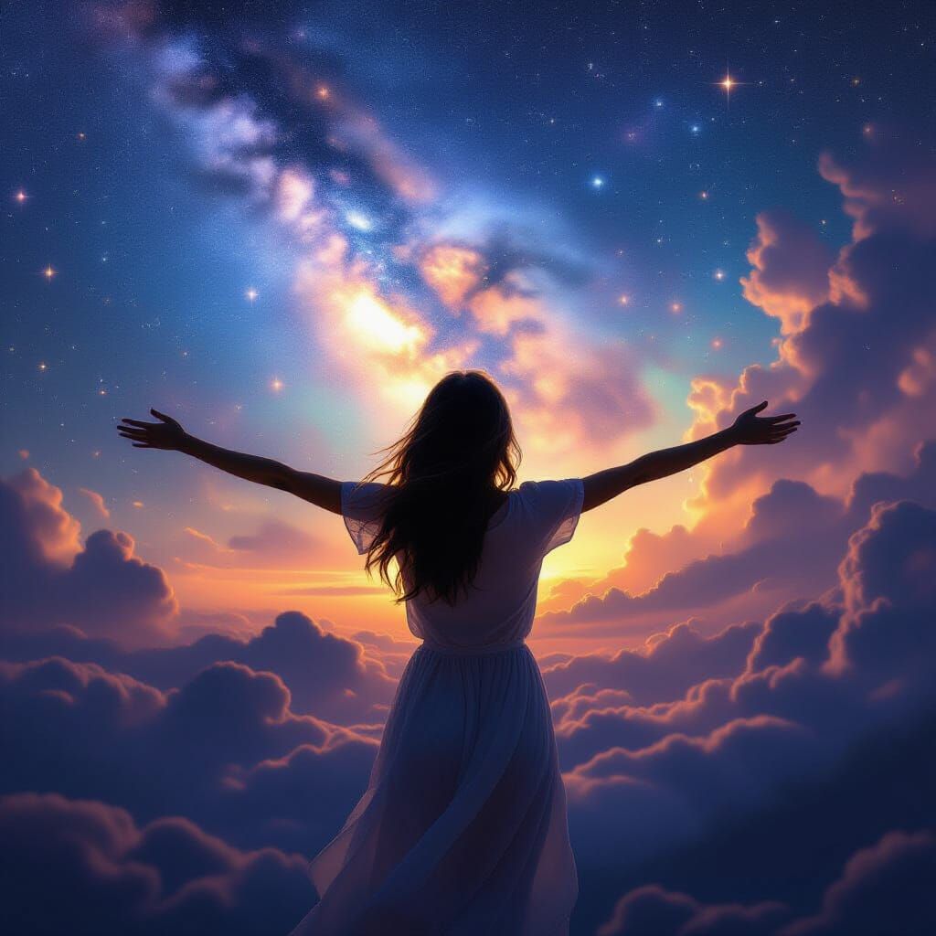 Woman Embracing Cosmic Vastness in Digital Painting