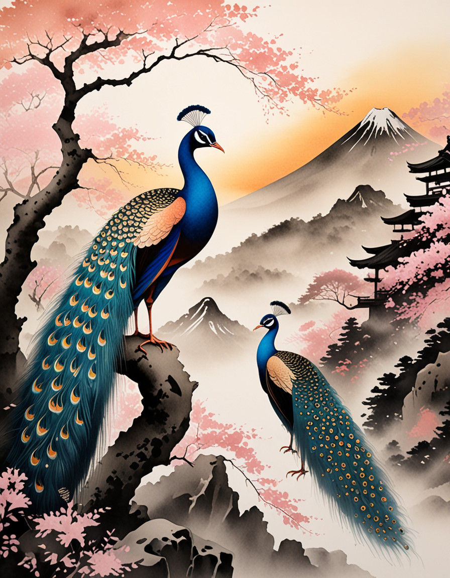 Elegant Peacock in Traditional Japanese Sumi-e Painting