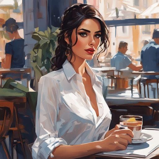 Beautiful Woman in Cafe, Ink Splash Art Style