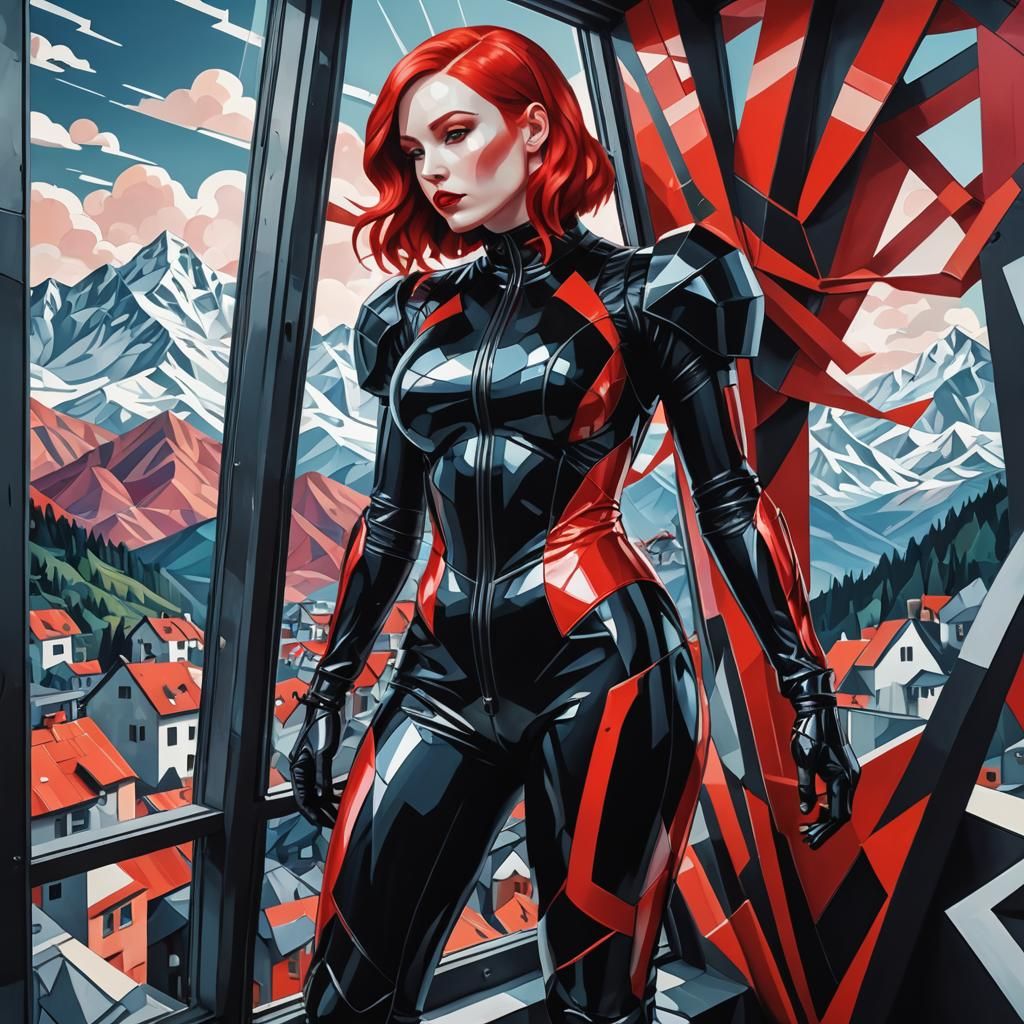 Cyberpunk Woman with Alpine View in Cubist Style