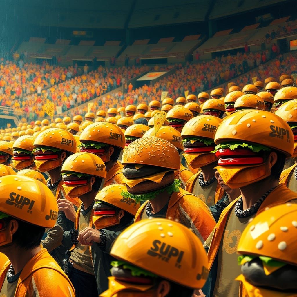 Burger-Headed Crowd at Sporting Event in Hyperrealism Style