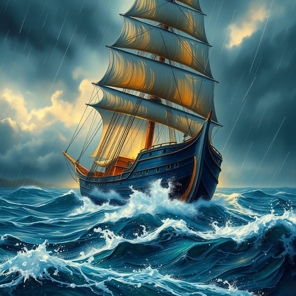 Majestic Sailing Ship in Turbulent Stormy Ocean