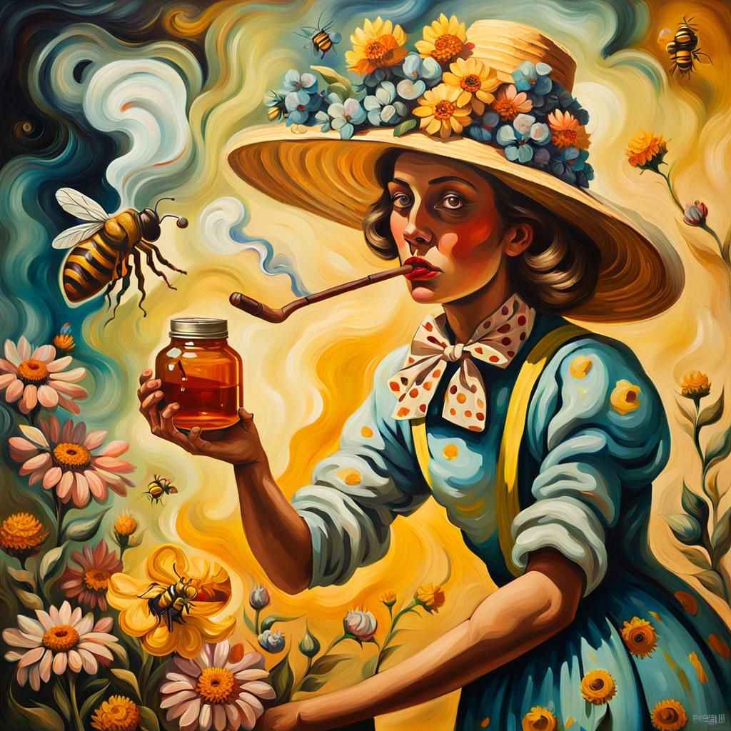 Surreal Beekeeper in Dreamlike Oil Painting