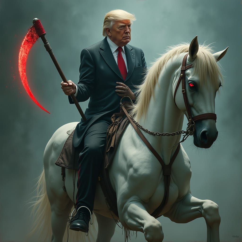 Donald Trump as the Horseman of the Apocalypse in Dark Gothi...