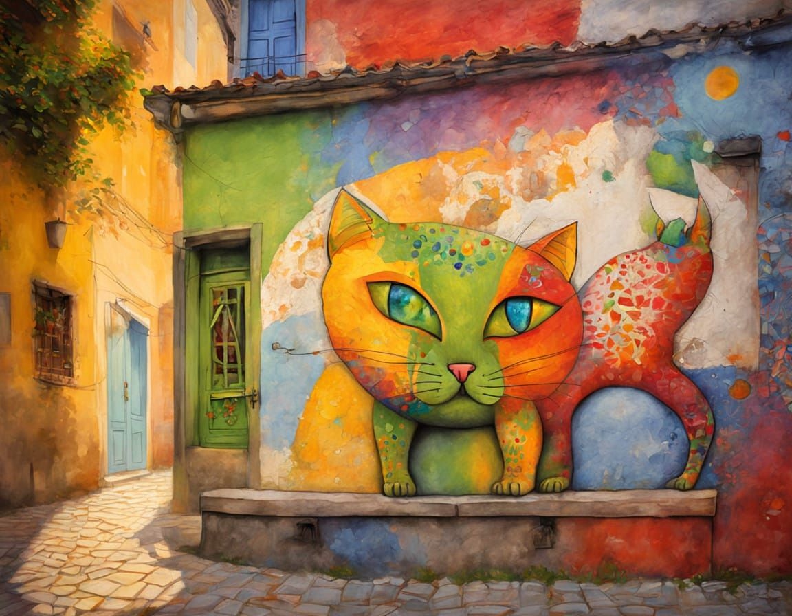 Cat with Geometric Mural Fur Dances in Multicolored Streetsc...